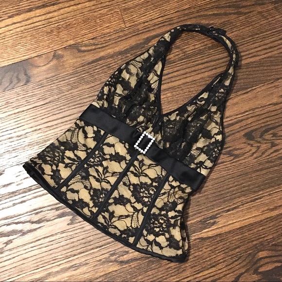 Cache Tops - Cache Black Lace Halter Top Crystal Buckle Small